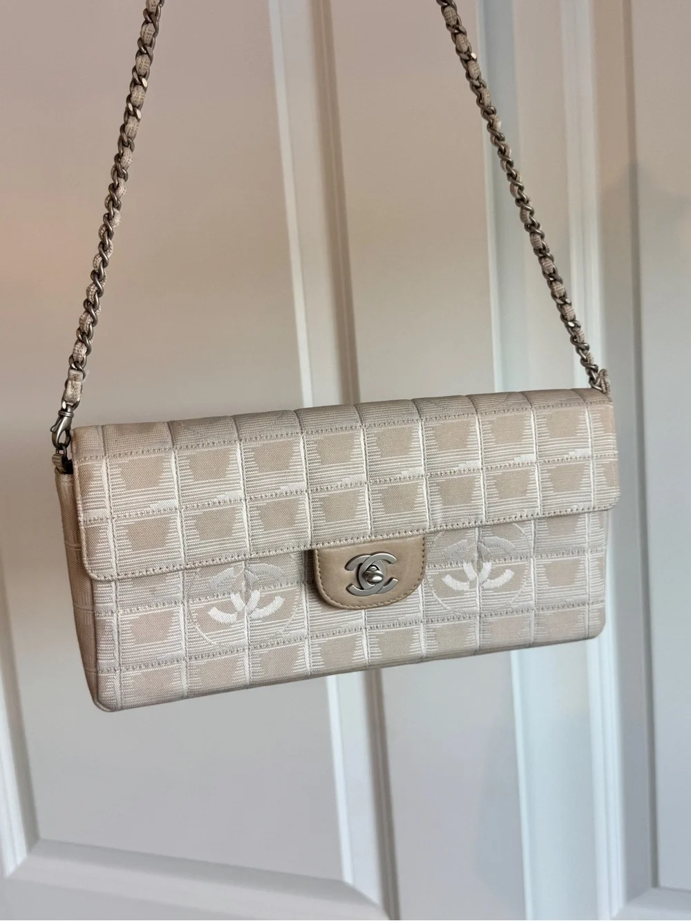 CHANEL Cream East West Flap Shoulder Bag with Silver Hardware